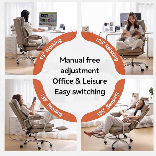 Image of LEAGOO Reclining Office Chair with Foot Rest, Executive Office Chairs with Arms, Ergonomic High Back PU Leather Comfy Swivel Computer Desk Chairs with Wheels and Lumbar Support for Home Office, Khaki