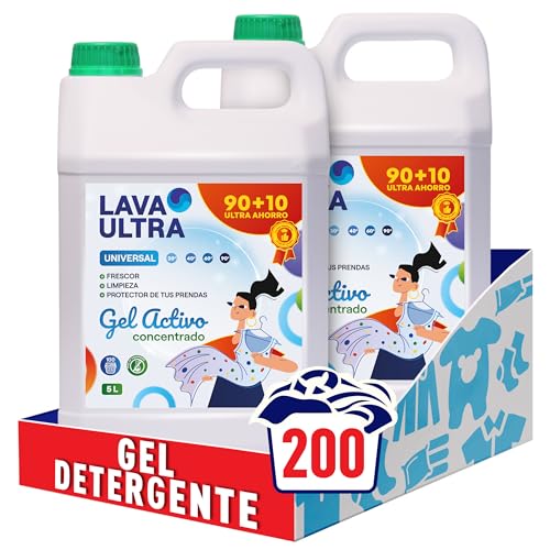 Lava Ultra Gel Activo 10L.+ 300ml. GRATIS - Detergente Líquido Concentrado para Lavadoras, 200 Lavados, Sin Fosfatos, Apto para Todo Tipo de Telas, Suave y Fresco, Fabricado en España (2, 5L)