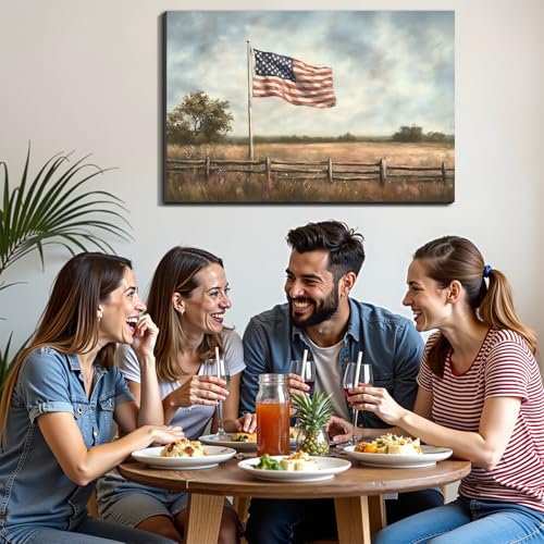 Image of Framed Vintage American Flag Field Wall Art, Patriotic Rustic Canvas Art Pictures, USA Flag Wall Decor for Living Room Farmhouse Garage, Ready to Hang Made in USA