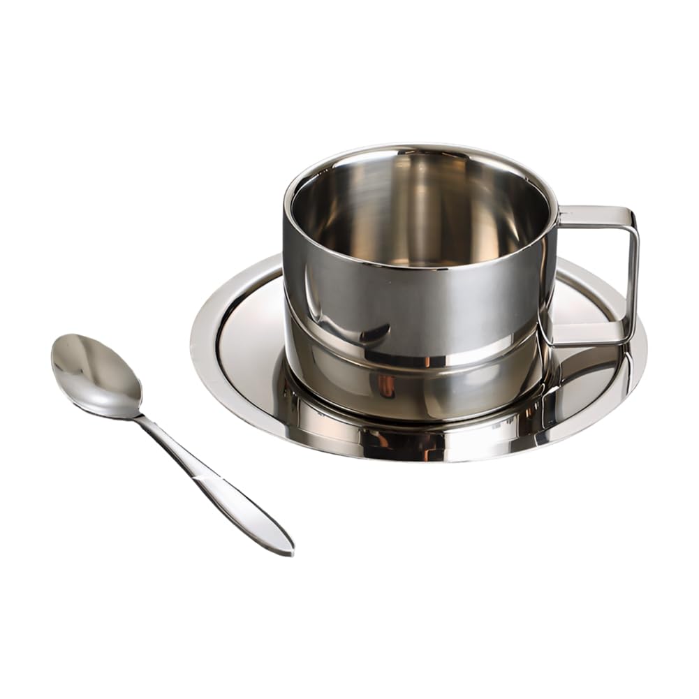 Hndhbfgrt Milk and Coffee Cup 200ML 304 Stainless Steel Double-Layer Set Including Saucer, Tray and Handle- Easy to Clean A
