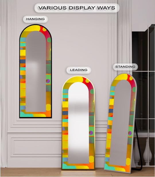 Specchio da pavimento a forma di cerchio astratto e strisce, lunghezza completa, specchio ad arco a tutta lunghezza, specchio da pavimento con cornice nera e cornice nera