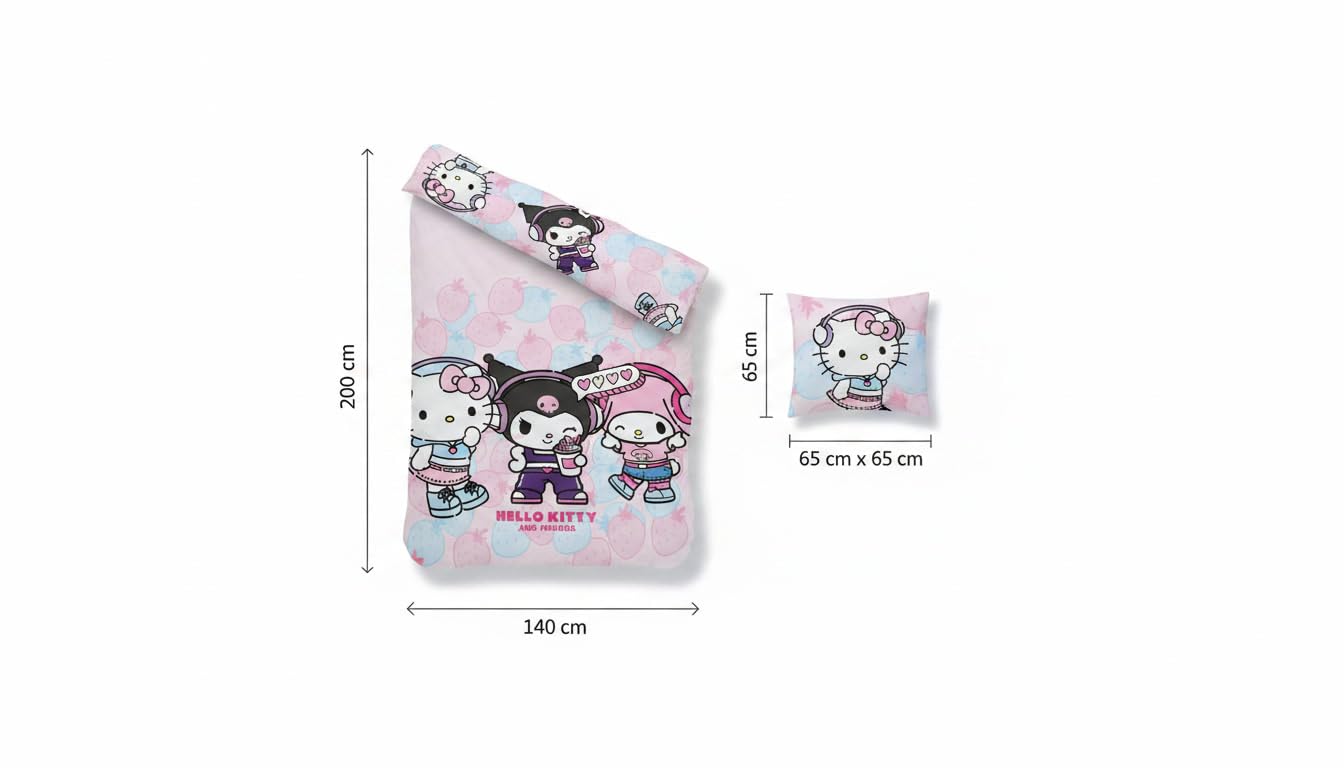 Hello Kitty Kuromi Copripiumino Singolo 140x200 + Federa 65x65 Misto Rosa | Set lenzuola reversibile | Misto cotone asciugatura rapida | Hello Kitty & Friends Sanrio | Bambine | Regalo | Idea regalo