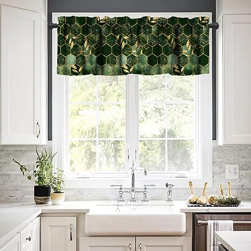 Image of Hunter Green Marble Window Valance Curtain, Abstract Dark Green Marble Hexagon Texture Golden Leaves Window Valances Treatments for Kitchen Living Room Cafe Decor 54'x18', 1 Panel
