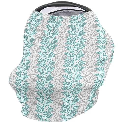 Nursing Cover for Breastfeeding Scarf, Teal and Grey Leaves Baby Car Covers Super Soft Multi Use for Canopy Shopping Cart Cover Blanket Stroller Cover