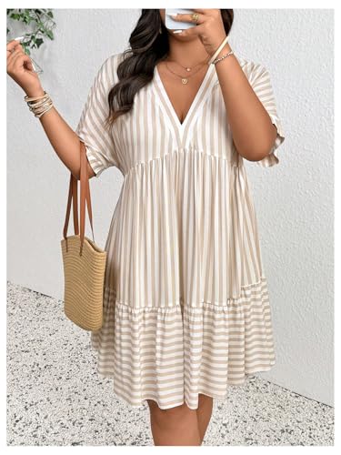 WDIRARA Women's Plus Size Striped V Neck Tshirts Dress Summer Ruffle Hem Flowy A Line Short Dresses4