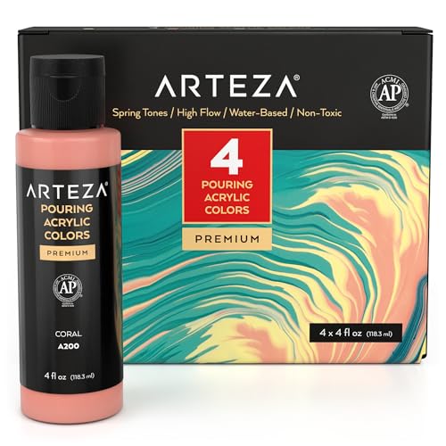 ARTEZA Acrylic Pouring Paint Set 4 Spring Colors 4 oz Bottles High-Flow Paint No Mixing Needed Art Supplies for Canvas Glass Paper Wood Tile and Stones 16 Fl Oz (Pack of 1)