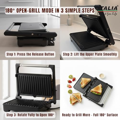 Image of ITALIA 1500W Jumbo Grill Maker | 180 Open Grill, Non-Stick Plates, Fast Heating, Automatic Temperature Control, Cool-Touch Handle, Multi-Purpose Sandwich & BBQ Griller | 1-Year Warranty