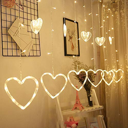 Image of Desidiya 130 Led Heart Shape Curtain String Lights with 8 Flashing Modes Decoration (12 Hearts, Warm White), Prong Base, Pack of 1, 98.4 Inches