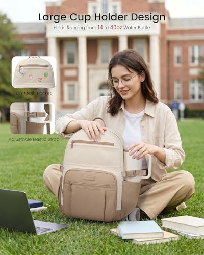Image of LOVEVOOK Laptop Backpack for Women with Giant Tumbler Holder - DIY 15.6Inch Work Computer Travel Backpack with Laptop Compartment, Water Resistant, Commuter College Teacher Nurse Purse Bag, Khaki