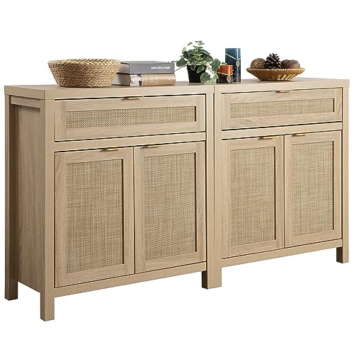SICOTAS Sideboard Buffet Storage Cabinet Set of 2, Rattan Credenza Buffet Table, Boho Console Accent Cabinet with Doors and Drawer, Coffee Bar Cabinets for Kitchen Entryway Living Room, Natural
