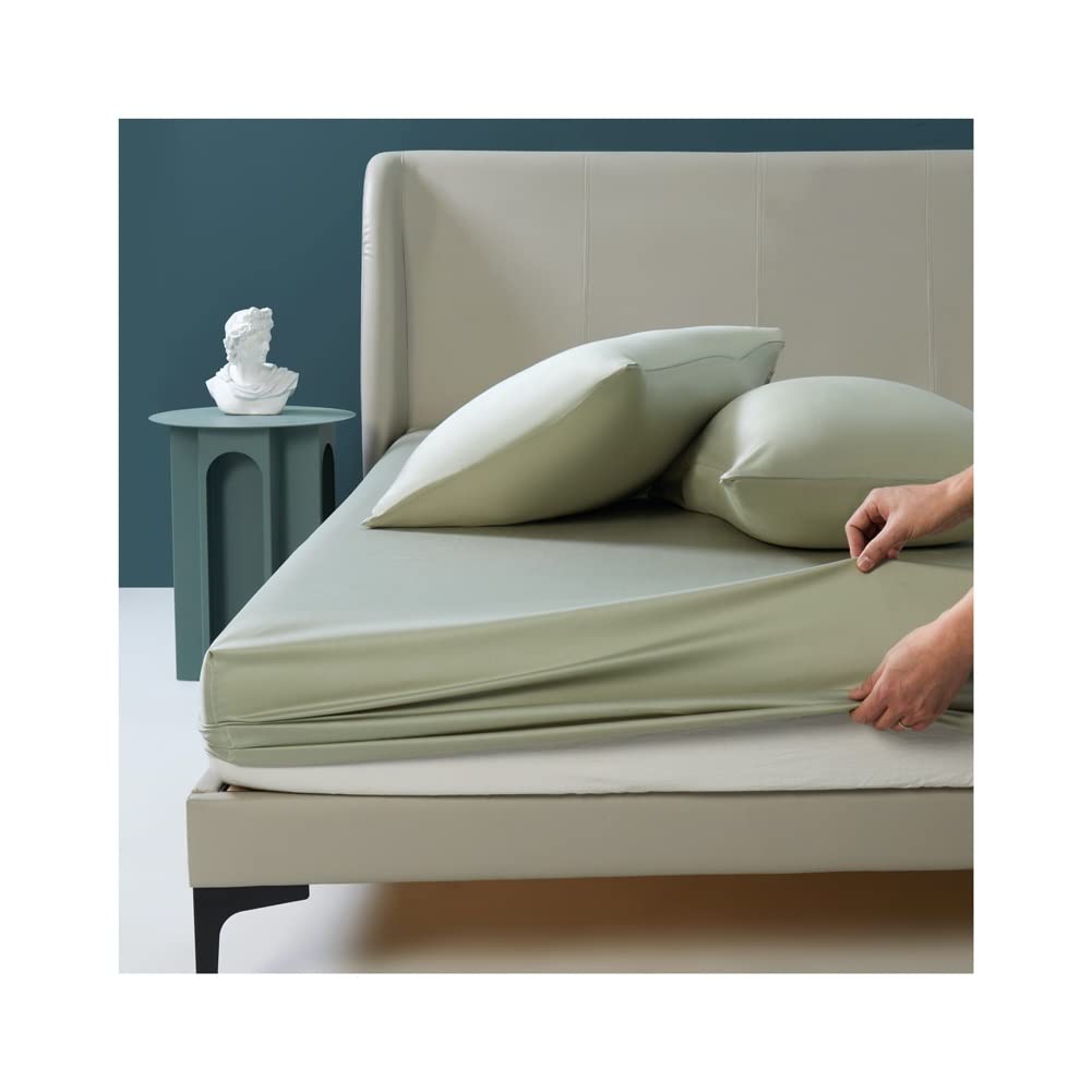 Lenzuolo con Angoli Elasticizzati in Morbido Cotone Lyocell 500 Fili con Tasca Profonda Trama Satinata Misura Piccola/King Size Super King Size Verde Singolo/Extra Large