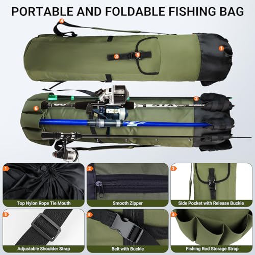 MXiiXM Fishing Rod Bag, Fishing Pole Carrier Case Bag, Durable Oxford Fabric Fishing Bag for Men Fishing Gifts, Portable Fishing Gear and Equipment (Green) - Thumbnail 2