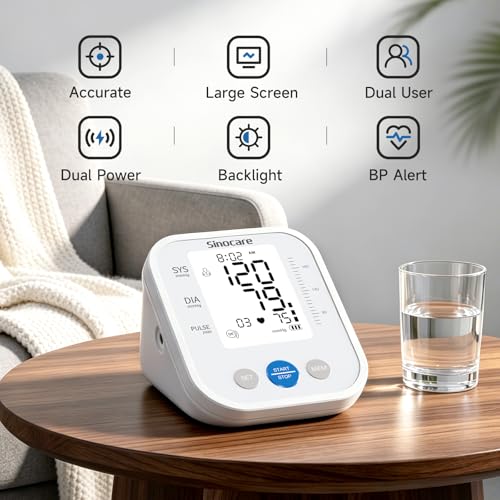 Image of Sinocare Upper Arm Blood Pressure Monitor, Automatic Digital BP Machine with 3-Color Backlit Display, 2 Users x 99 Memories, Large Cuff 8.6-16.5 inches, Irregular Heartbeat Detection