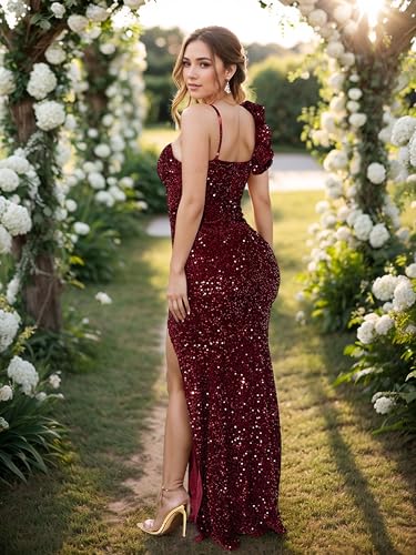Image of Women's Sequin Prom Dress Evening Gowns for Formal Events | Elegant Sparkly Rhinestone Long Maxi Dresses for Formal Party,Gala,Wedding Guest,Fully Lined,Stretchy,Side Slit
