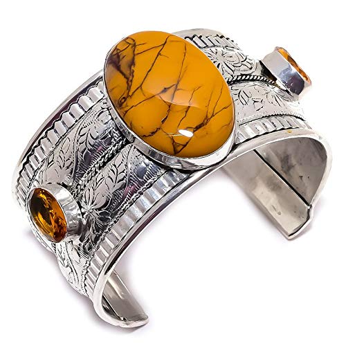 Bracelet manchette argenté avec turquoise Mohave et citrine fait main
