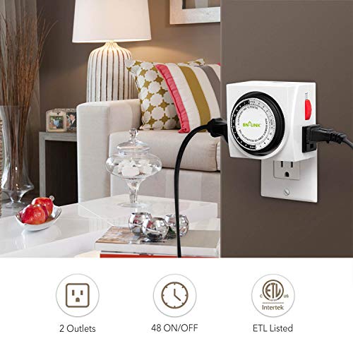 Bn-Link Heavy Duty Mechanical 24 Hour Timer Dual Outlet 3-Prong Accurate Indoor For Lamps Fans Christmas Lights White Ac 1875W 1/2 Hp, Ul Listed #TOP1