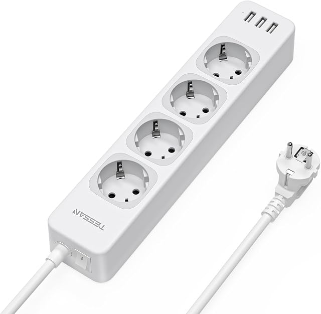 TESSAN Listwa zasilająca USB, Gniazdo Wielokrotne z 4 Gniazdami i 3 Portami USB, Listwa Zasilająca z Przełącznikiem, Przedłużacz Listwy Zasilającej 2M, Odpowiednia do Biura Itp.