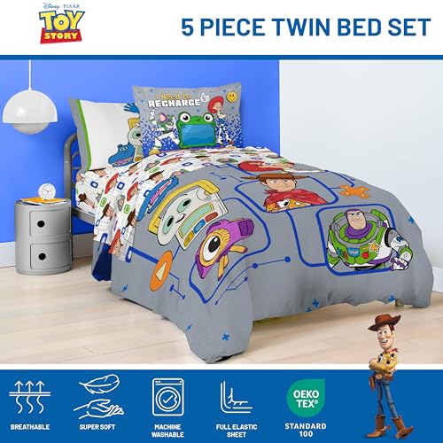 Image of Jay Franco Kids Comforter Set Includes Sheets and Pillow Covers - Soft and Cozy Bed Set for Stylish Room Decor, Official Licensed Bedding, Grey - Toy Story, 5 Piece Twin