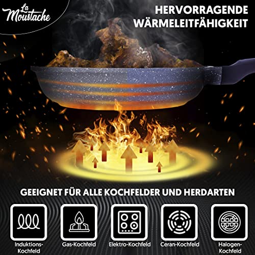 La Moustache Set mit 3 Bratpfannen, 20/24/28 cm, Aluminiumguss Antihaftbeschichtung, geeignet für alle Herdarten inklusi