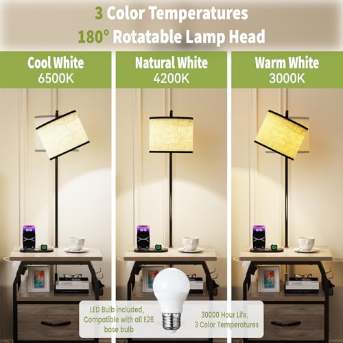 Image of runjuly Floor Lamp with Table, End Table with Light and Charging, Greige