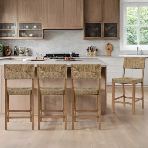 DUHOME Rattan Bar Stools Set of 4, 24'' Bohemian Counter Height Stool with Woven Seagrass Seat and Back, Solid Wood Legs and Footrest for Kitchen Island Dining Room Home Bar