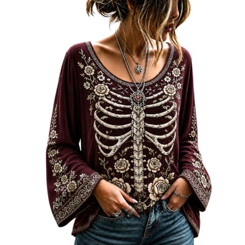Halloween Shirts for Women Vintage Skeleton Bell Sleeve Crew Neck Top - image 1
