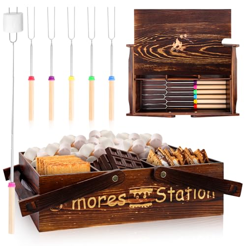 Portable Smores Kit 4 In 1 Smores Caddy Organizer with Handle 6 Pcs 32 Inch Marshmallow Roasting Sticks Dark Brown Smores Basket Tray with Handles Wooden Smores Maker Box with Lid for Camping Outdoor
