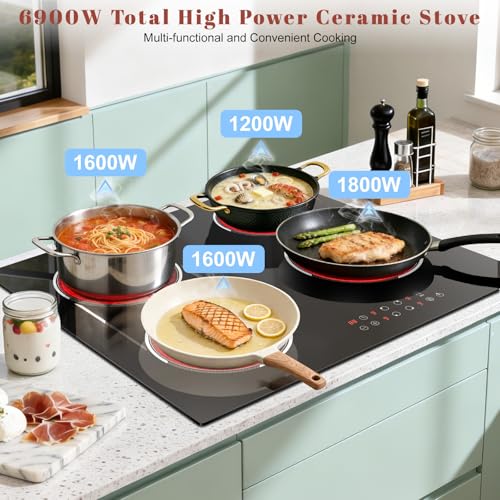 Image of 24 Inch Electric Cooktop Built-in, 4 Burner Electric Stove with 6900W Total High Power, 24 inch Ceramic Cooktop with BBQ Burner, Touch Control, Child Safety Lock, 220V-240V Hard Wire, No Plug