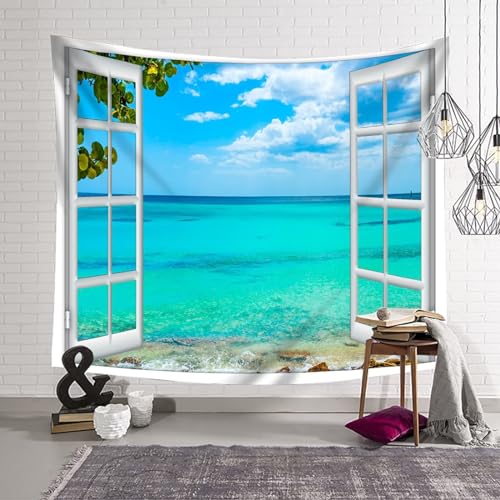 Grand textile mural de qualite paysage ocean fenetre bleu vert - 5