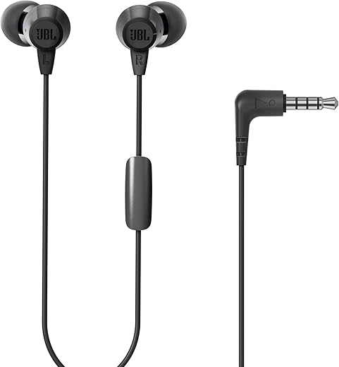 JBL C50HI, Wired in Ear Headphones with Mic, One Button Multi-Function Remote, Lightweight & Comfortable fit (Black)