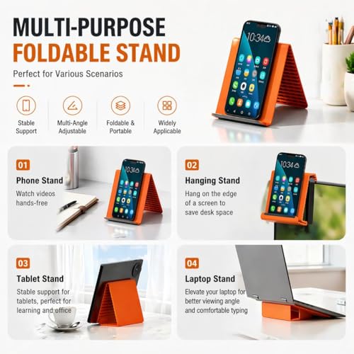 Image of Flexible Silicone Phone Stand, Multi-Angle Adjustable Cell Phone Holder, Portable Phone Stand for Desk, Compatible with iPhone, iPad, Tablet, Laptop, for Home, Office, Gaming (Orange)