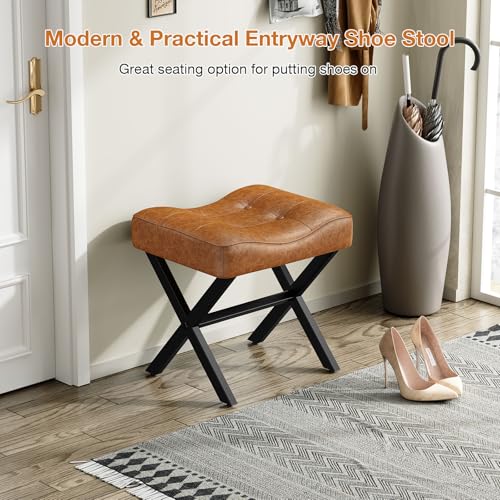 Image of Memobarco 18-Inch Large Leather Vanity Stool, Vanity Chair with Metal X-Leg, Ottoman Accent Stool with Thick Padded Saddle Seat, Brown