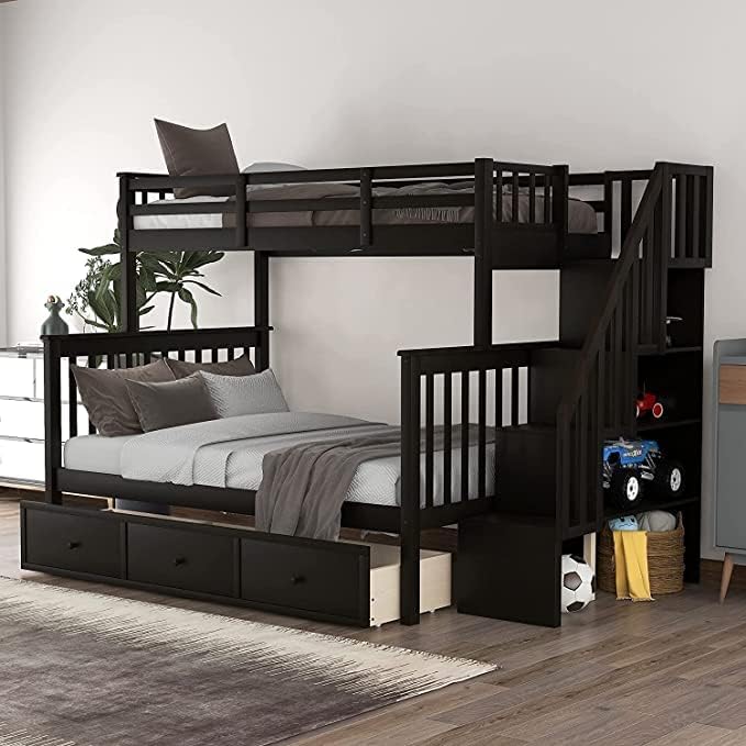 Harper & Bright Designs Twin over Full Bunk Bed with Stairs and Drawers, Solid Wood Stairway Bunk Bed with Storage for Kids Teens Adults, Bedroom, Dorm (Espresso)