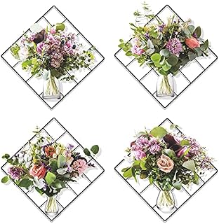 Magic 3D Vivid Green Plants Flower Bouquet Vases Grid Wall Decor Decal, Vinyl Removable Flower in Glass Bottle Wall Stickers for Bedroom Living Room Office Kitchen Decorations, Set of 4(22x22cm)