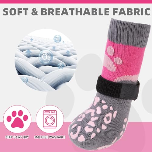 Image of Mihachi Anti Slip Dog Socks, Dog Boots for Hot /Cold Pavement for Hardwood Floors Prevent Licking, Traction Control Waterproof Rubber Sole Paw Protectors for Small Medium Large Senior Dogs, Pink L
