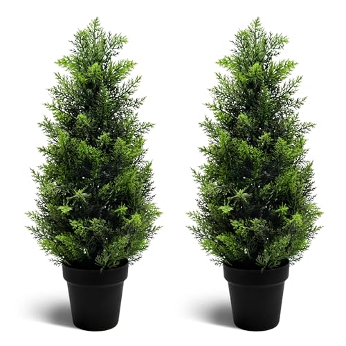 Two 2FT Artificial Cedar Trees, Beautiful and Realistic Fake Potted