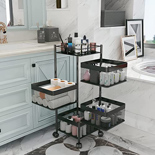 Xinyourui Rotating Kitchen Storage Rack，Bathroom Shelf，Kitchen Organization And Storage，Bathroom Storage Organizer，Fruit Basket，Rolling Carts With Wheels(Black, 4 Tier-Square) #TOP2