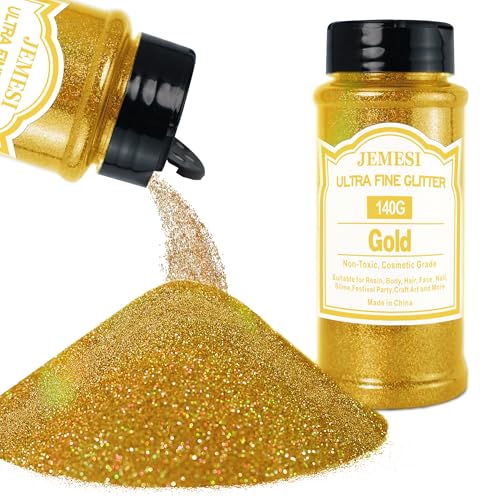 JEMESI Polvo de purpurina dorada, 140 g – 0,2 mm, ultrafina, purpurina para resina epoxi, manualidades, pintura en vasos y velas; brillo cosmético, cabello, uñas corporales, purpurina