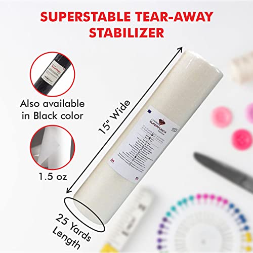 Superpunch 1.5 Oz White Tear Away Stabilizer For Embroidery - 15 Inch X 25 Yard Roll, Superstable Tear Away Machine Embroidery Stabilizer Backing, Polyester & Cellulose - Made In The Usa #TOP1