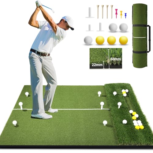 5x4ft Golf Mat with Ball Tray, Thickened Dual-Turf Golf Hitting Mat with Alignment Lines for Indoor & Outdoor Use, Golf Practice Mat for Swing & Simulators & Chipping Training, Ideal Gift for Golfers