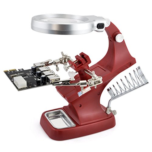 OLLGEN 10 LED Lighting 3X Main Lens 4.5X Accessorial Lens White Auxiliary Alligator Clip Magnifier Third Helping Hands Soldering Solder Iron Stand (Red)