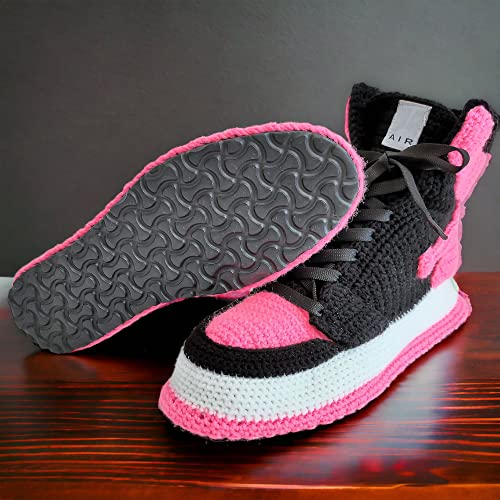 Custom Knitted Cozy Pink Sneaker Plush Slippers, Basketball Jordan-Inspired Booties Cotton Socks, Personalized Comfort Comfy Indoor Shoes, Handcrafted Crochet Sneakers Slipper2