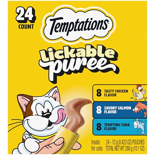 Temptations Creamy Puree Squeezable Lickable Cat Treats Wet Cat Treats with Chicken Salmon and Tuna Variety Pack 0.42 oz. Tubes 24 Count