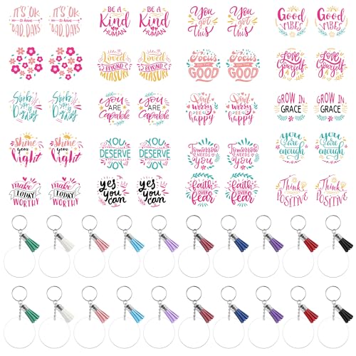 GalaVee Porta-chaves acrílico em branco e decalques, kit de artesanato com chaveiros, 40 decalques inspiradores de transferência UV DTF, 20 espaços em branco, 20 borlas, 20 porta-chaves e anéis de
