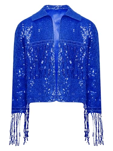 easyforever Kids Girls Sequins Fringed Long Sleeve Open Front Jacket Jazz Disco Dance Coat Cardigan Performance Outwear3