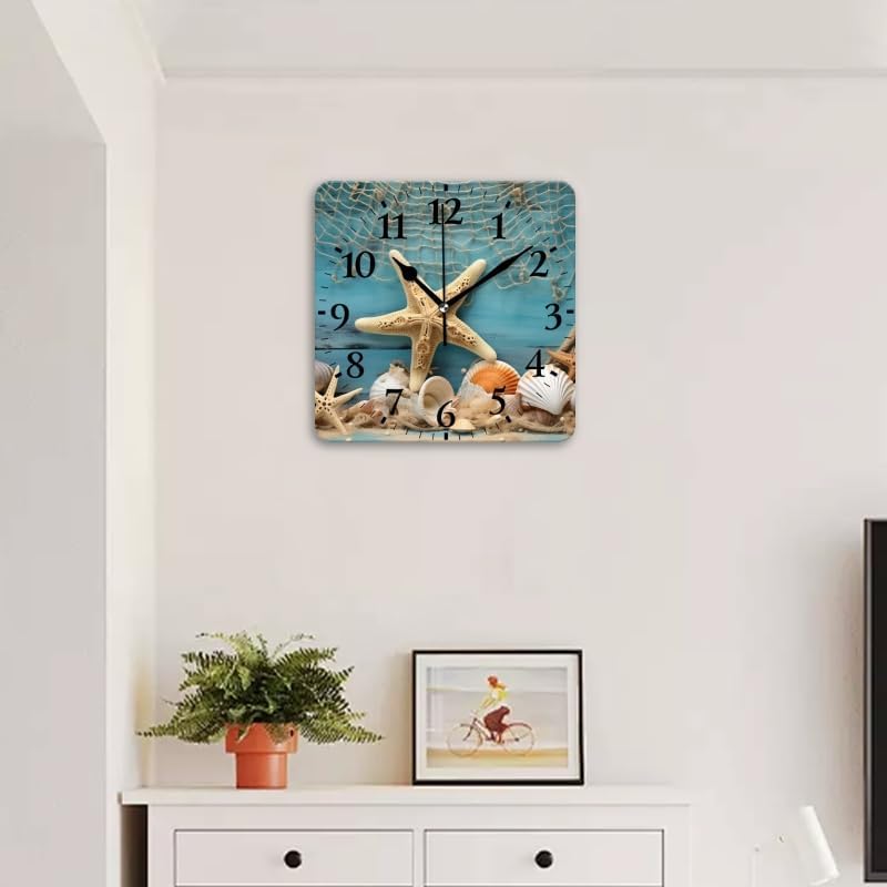 Quartz Wall Clocks Non-Ticking Silent Battery Operated Modern Wall Clocks Decorative for Home,Bedroom-Starfish, and Fishing Nets On Blue Wooden Background(16inch)