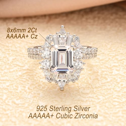 Vintage Emerald Cut Wedding Ring Set for Her Engagement Rings for Women 925 Sterling Silver Cubic Zirconia Cz Promise Anniversary Band Size 5-103