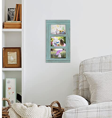 Rustic Distressed 3 Picture Photo Frames Collage 4X6 Wall Mounted Craftsmanship, Hanging Horizontal And Vertical, Gift For Halloween, Thanks Giving Day, Birthday, Anniversary, Christmas, New Year, Mother's Day（Blue) #TOP1
