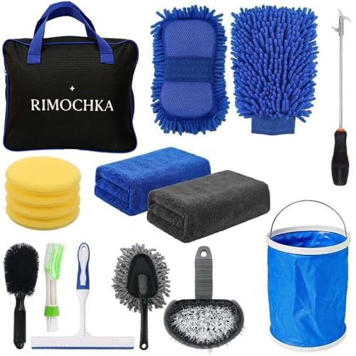 Professional 16-in-1 Car Cleaning Kit Complete Car Wash & Detailing Set with Microfiber Towels Wash Mitt Brushes Foam Applicators Foldable Bucket & Storage Bag Exterior & Interior Car Care Kit