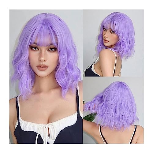 Perruque synthétique violet bleu à frange - Carré court bouclé